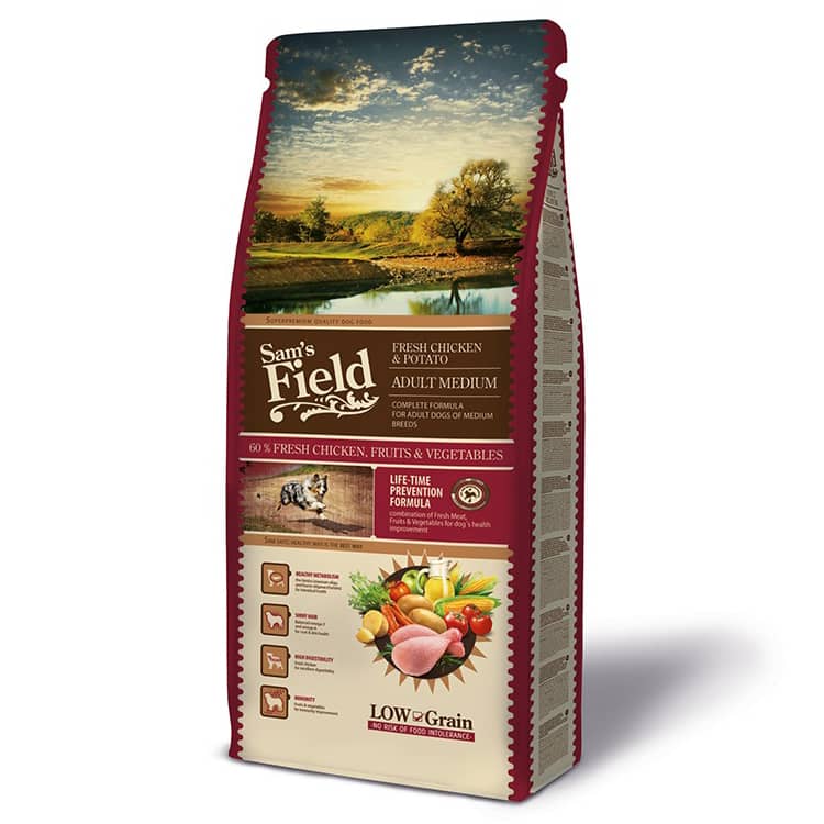 Sam’s Field Adult Medium Breed sausā suņu barība ar vistu 13 kg